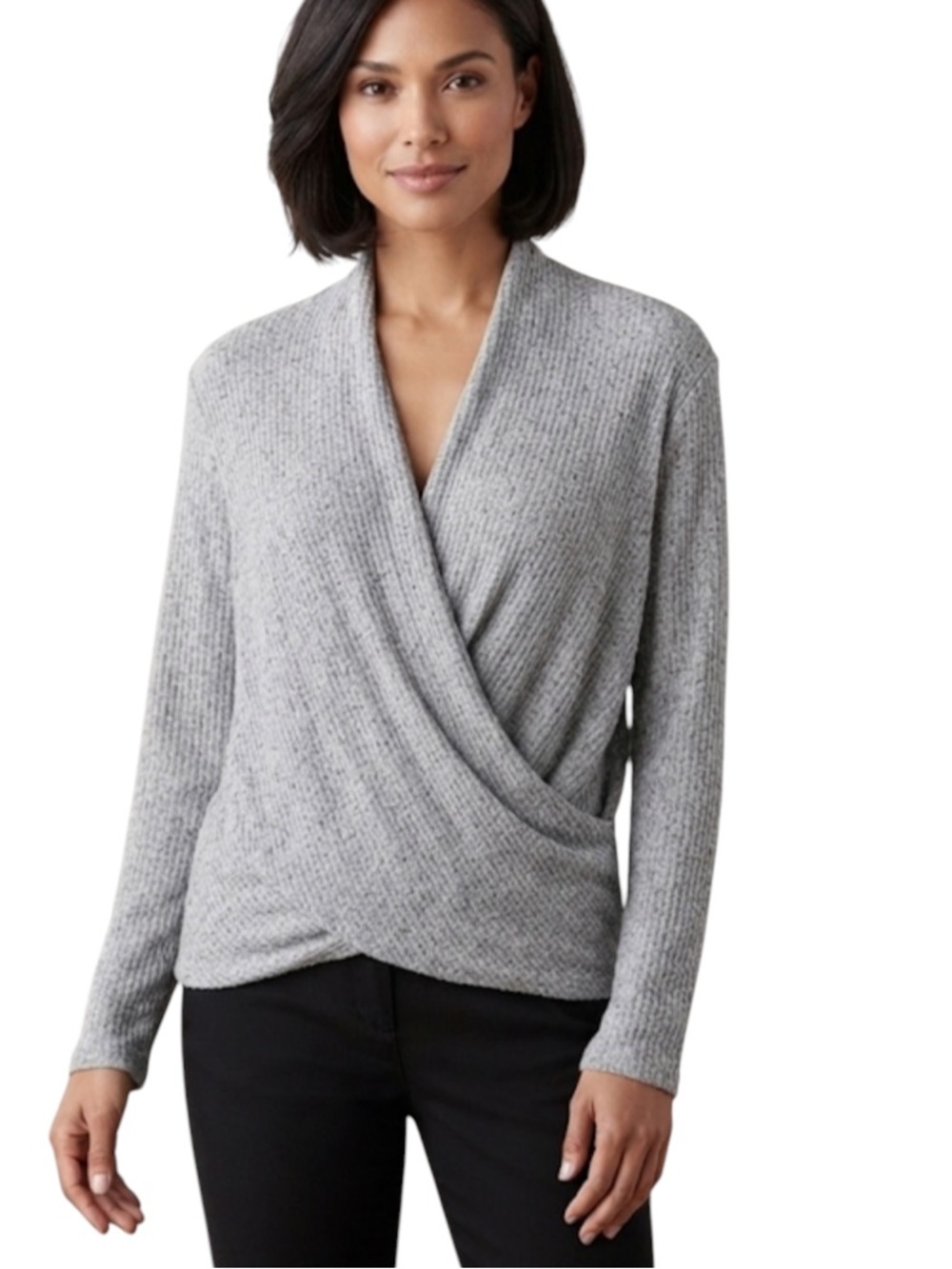 MONTEAU LA Striped Surplice Draped Deep V Neckline Sweater Top size M